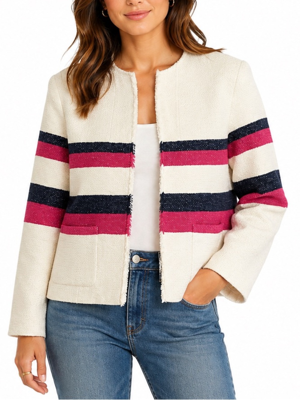 Talbots Tweed Boucle Blazer White Pink Stripe Fringe Cotton Casual Office Size L